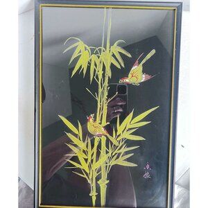 Vtg Asian Chinoiserie Bamboo & Birds Brush Painting on Silk In Black Gold Frame